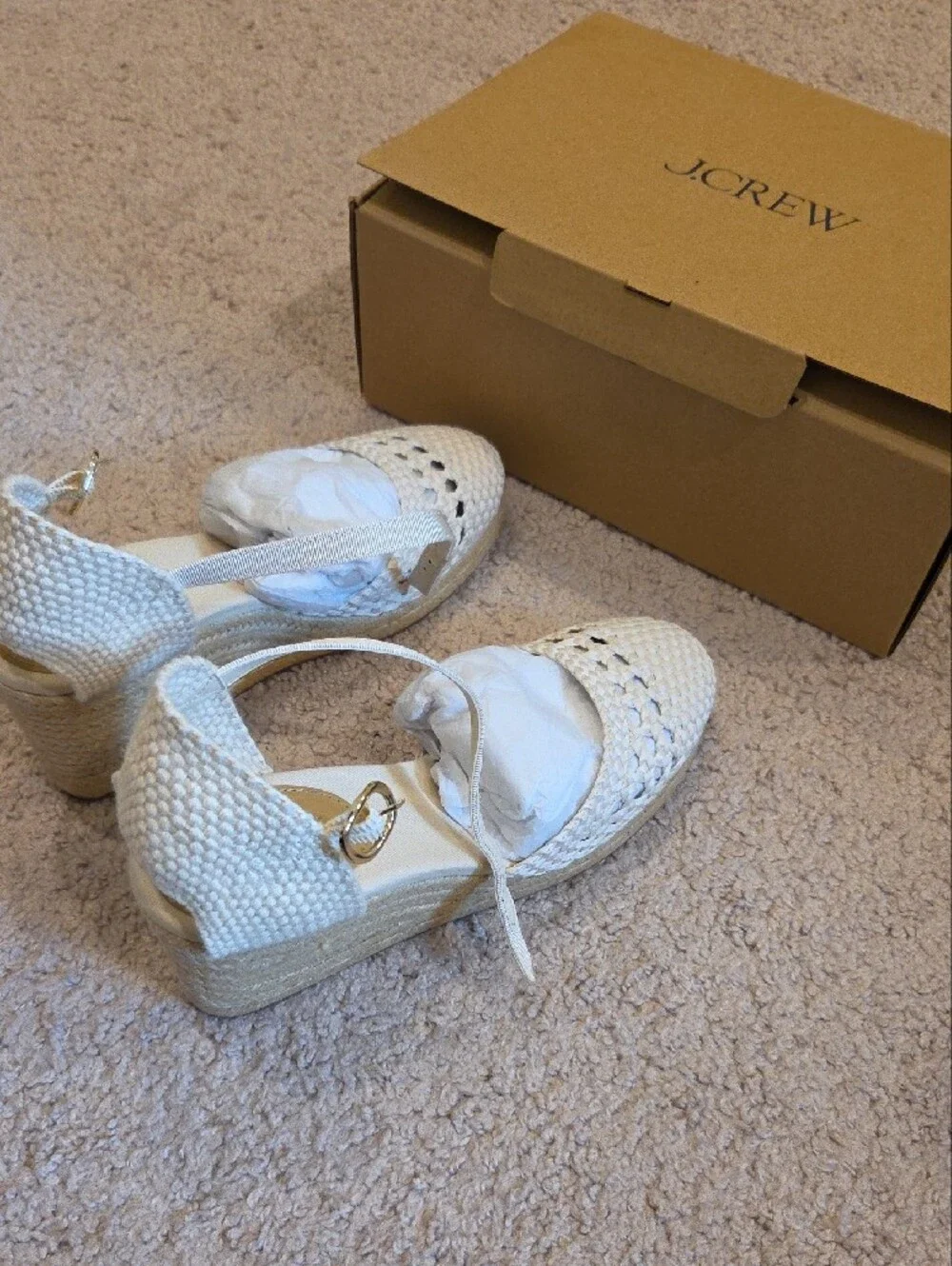 J. Crew Cream Woven Espadrille Wedge Sandals with Ankle Strap and Gold Buckle